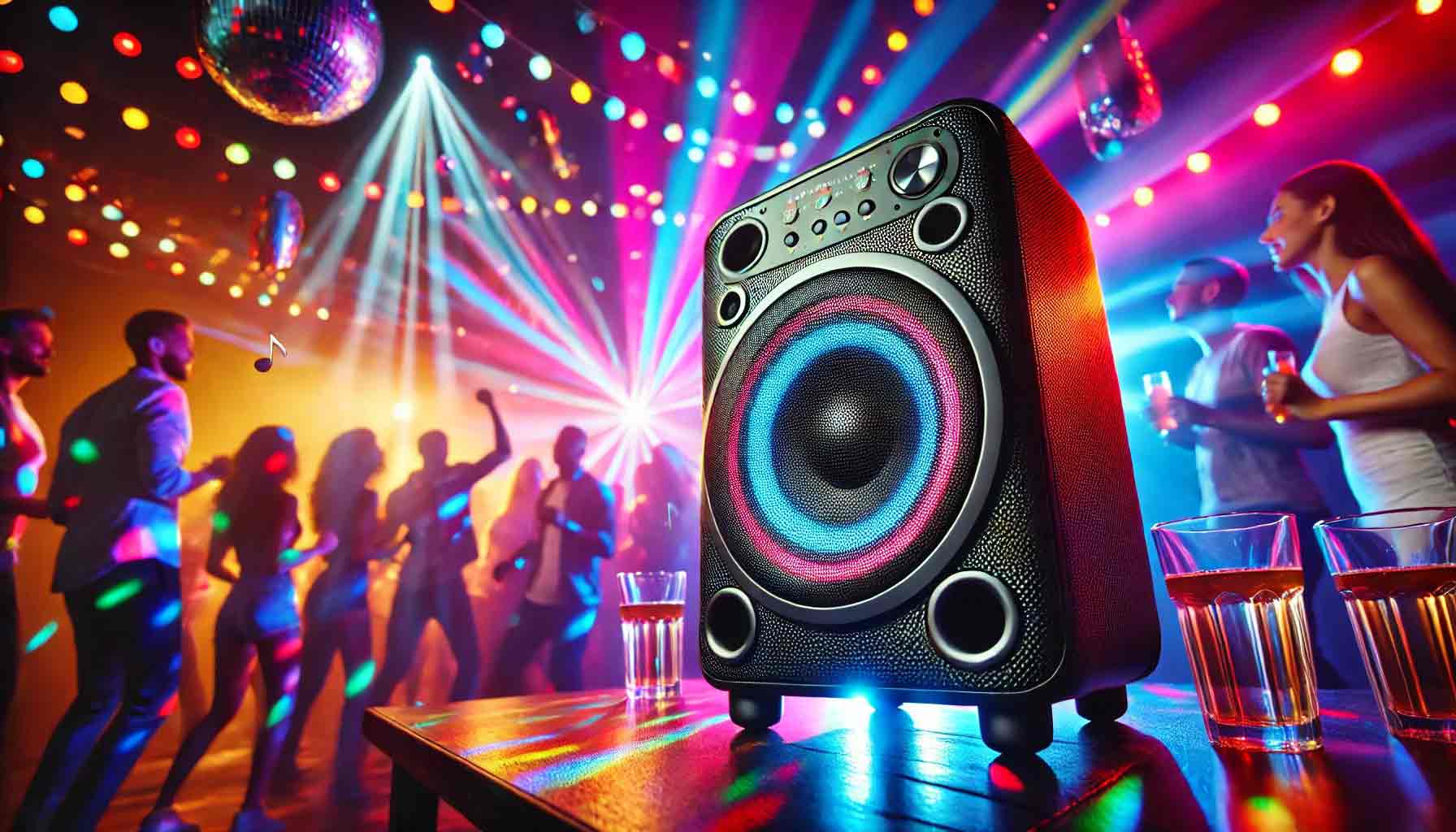 DALL·E-2024-12-30-10.15.00---A-sleek-and-modern-party-speaker-setup-in-a-vibrant-party-environment,-featuring-glowing-LED-lights-that-synchronize-with-the-music