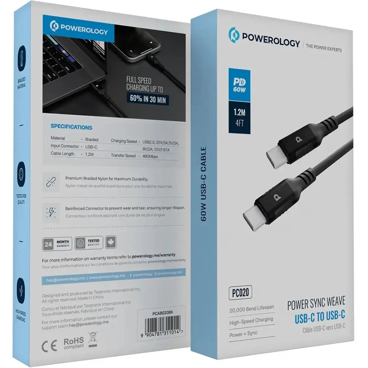 کابل تایپسی به تایپسی 60 وات 1.2 متری پاورولوژی Powerology PC020 PCAB020
